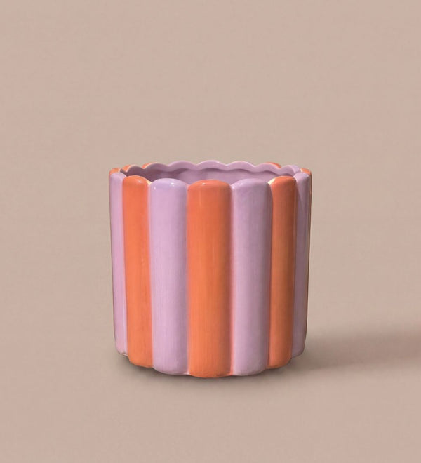 Orange & Fuschia Scallop Striped Ceramic Pot (14cm)