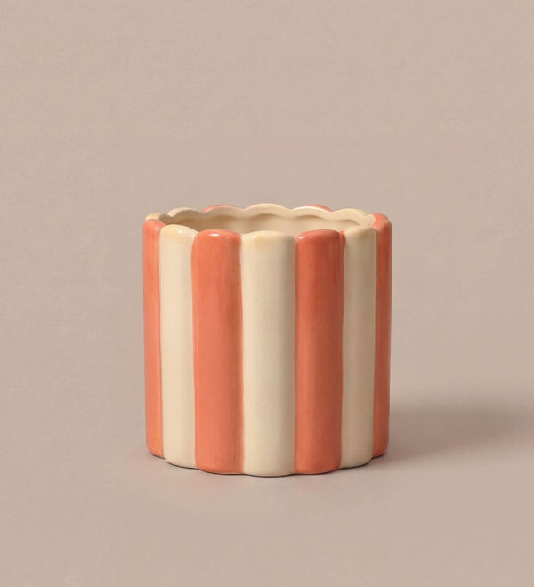 Cream & Coral Scallop Striped Ceramic Pot (14cm)